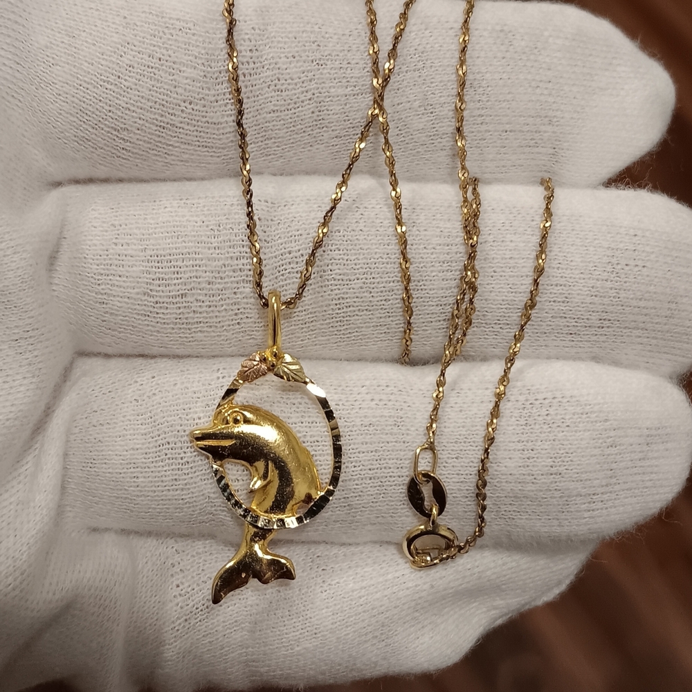10k Gold Pendant For Necklaces Black Hills Gold Dolphin + 14k Gold-Filled  Chain